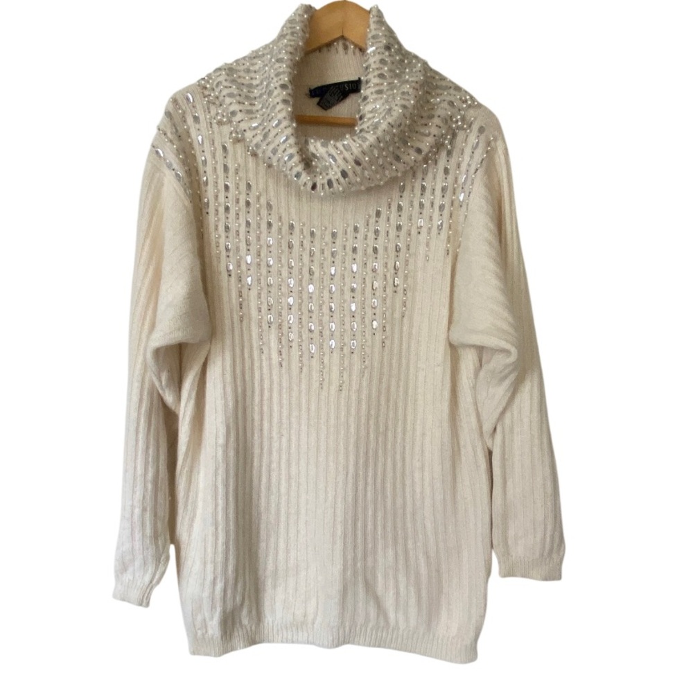 I. B. DIFFUSION Diffusion Beaded IVORY Art Wear Silk Angora Lambswool Sweater L